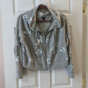 Grey Plus Floral Crop Zip Front Hoodie - NWOT